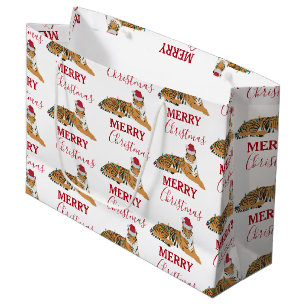 Christmas Tiger Funny Animal with Santa Hat Large Gift Bag