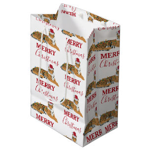 Christmas Tiger Funny Animal with Santa Hat  Medium Gift Bag