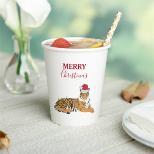 Christmas Tiger Funny Animal with Santa Hat  Paper Cups