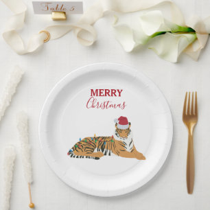 Christmas Tiger Funny Animal with Santa Hat  Paper Plate