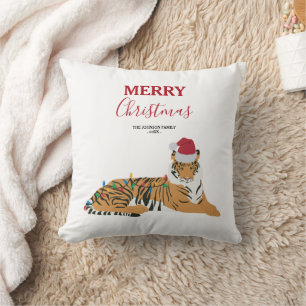 Christmas Tiger Funny Animal with Santa Hat Throw Pillow