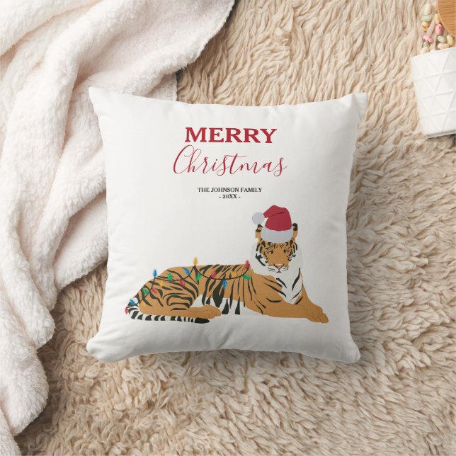 Christmas Tiger Funny Animal with Santa Hat  Throw Pillow (Blanket)
