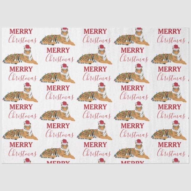 Christmas Tiger Funny Animal with Santa Hat  Tissue Paper (Front)