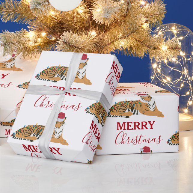 Christmas Tiger Funny Animal with Santa Hat  Wrapping Paper (Holidays)
