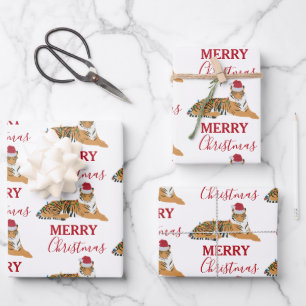 Christmas Tiger Funny Animal with Santa Hat  Wrapping Paper Sheet