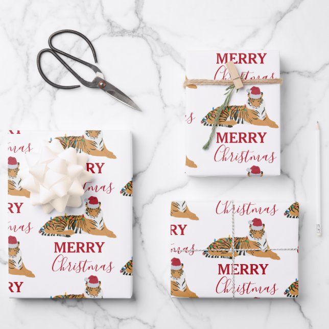 Christmas Tiger Funny Animal with Santa Hat  Wrapping Paper Sheet (Front)