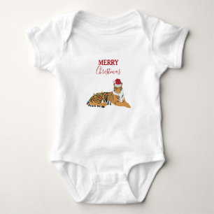 Christmas Tiger Funny Animals with Santa Hat  Baby Bodysuit