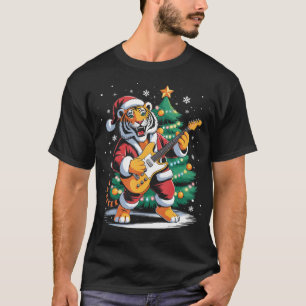 Christmas Tiger Playing Guitar Music Santa Hat Xma T-Shirt