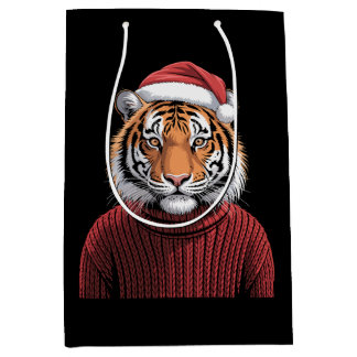 Christmas Tiger Santa Hat Sweater Winter Xmas Medium Gift Bag