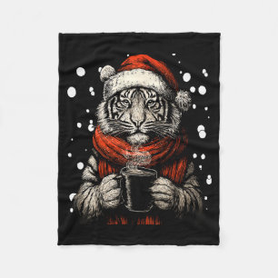 Christmas Tiger With Santa Hat Coffee Lover Funny Fleece Blanket