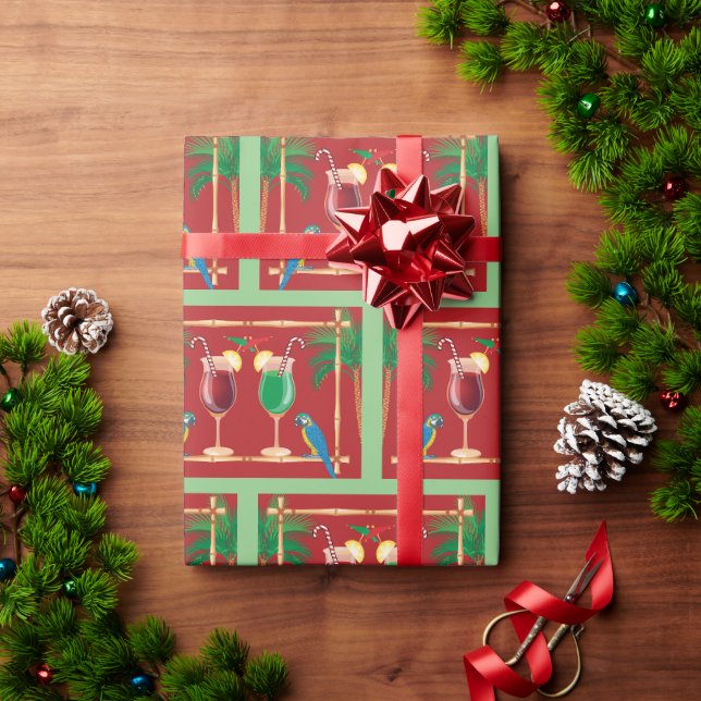 Christmas Tiki Bar Drinks and Parrots Wrapping Paper (Holiday Gift)