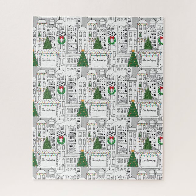Christmas Time in the City Personalized Hand-Drawn Jigsaw Puzzle (Vertical)