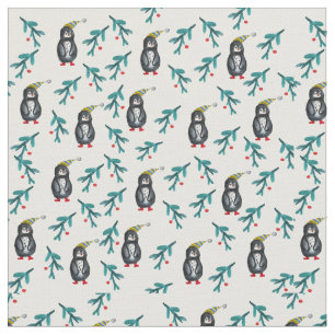 Christmas Time Penguins Watercolor  Fabric
