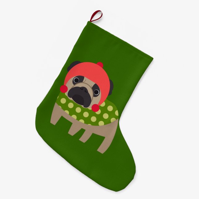 Christmas Time Pug Large Christmas Stocking (Front (Hanging))