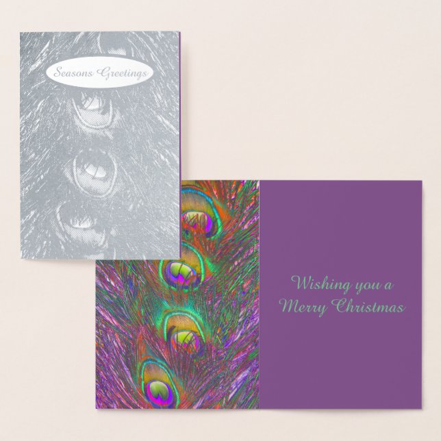 Christmas Tinsel Peacock Feathers Personalized Foil Card (Display)