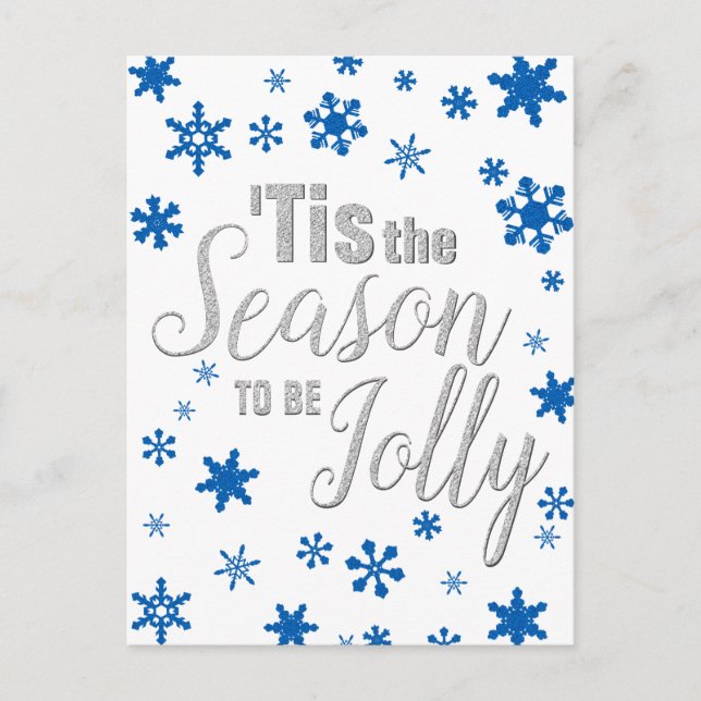 Christmas Tis the Season Snowflake Blue Silver Holiday Postcard (Front)