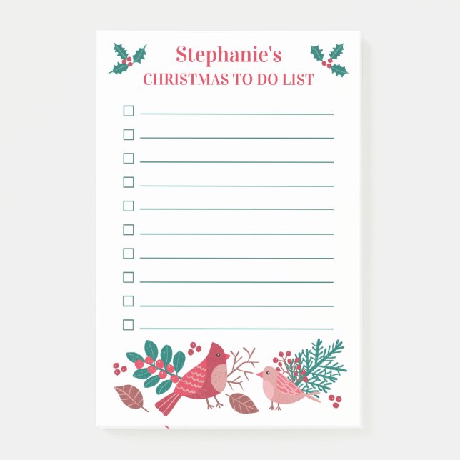 Christmas To Do List Berries Birds Personalized Post-it Notes (Front)