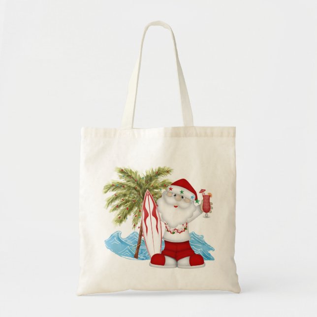 Christmas Tote with Tropical Santa and Surf Board (Front)