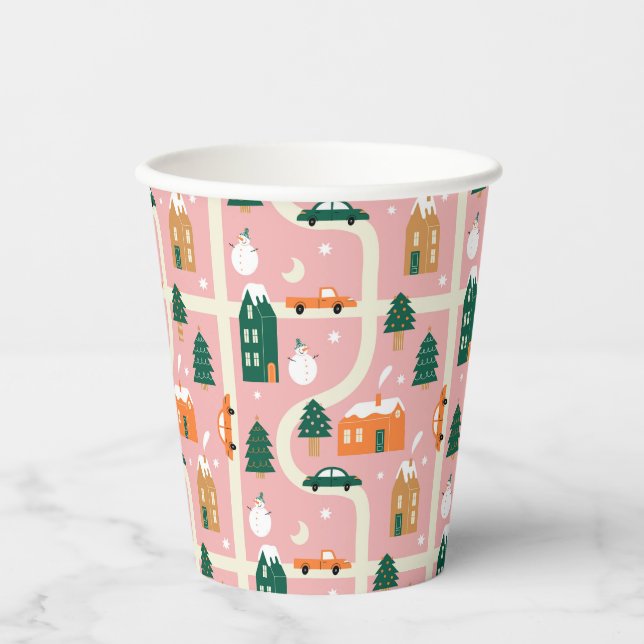 Christmas Town Holiday Map Pattern Paper Cups (Front)