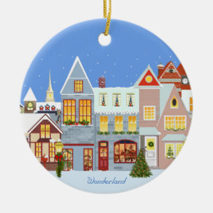 Christmas town houses with blue sky ceramic ornament