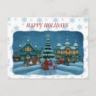 christmas town postcard snowy edge & text.