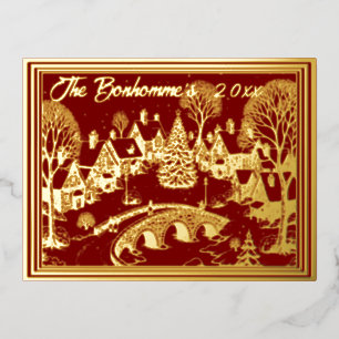 Christmas Town Scene in Gold with Red Foil Holiday Postcard