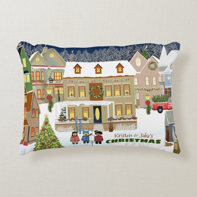 Christmas Town Winter Wonderland Houses Caroling Accent Pillow (Front)