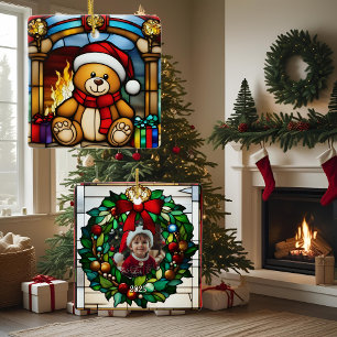 Christmas Toy Bear Faux Stained Glass Ceramic Ornament