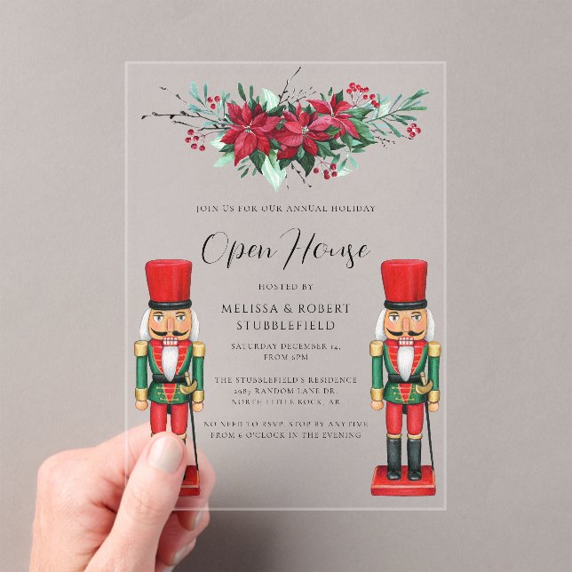Christmas Toy Nutcracker Botanical Open House Acrylic Invitations (Insitu (Handheld))