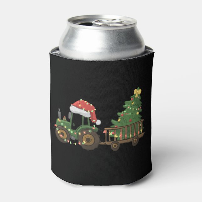Christmas Tractor With Tree Farmer Farm Can Cooler (Can Front)
