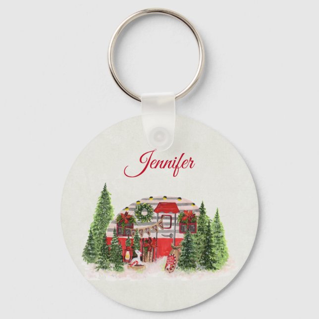 Christmas Trailer Camper Outdoorsy Theme Keychain (Front)
