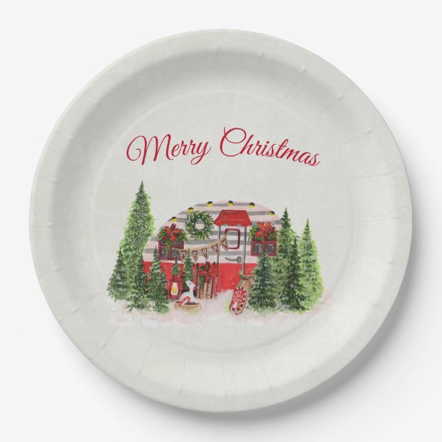 Christmas Trailer Camper Outdoorsy Theme Paper Plate (Front)