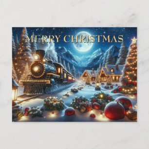 Christmas Train Arriving in Snowy Village Holiday Postcard