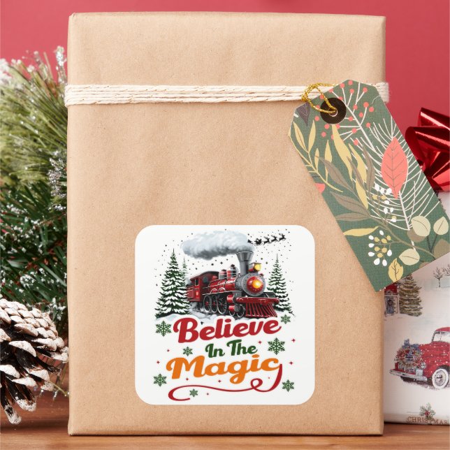 Christmas Train Believe Magic Holiday Square Sticker (Holiday)