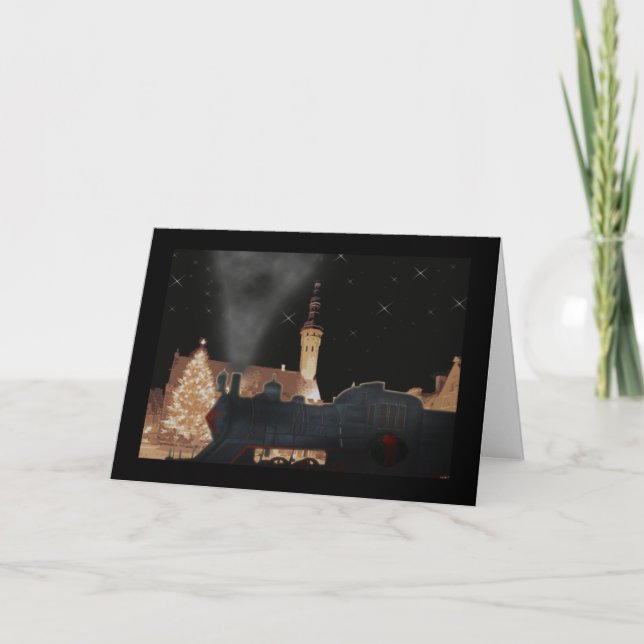 Christmas train black black border holiday card (Front)