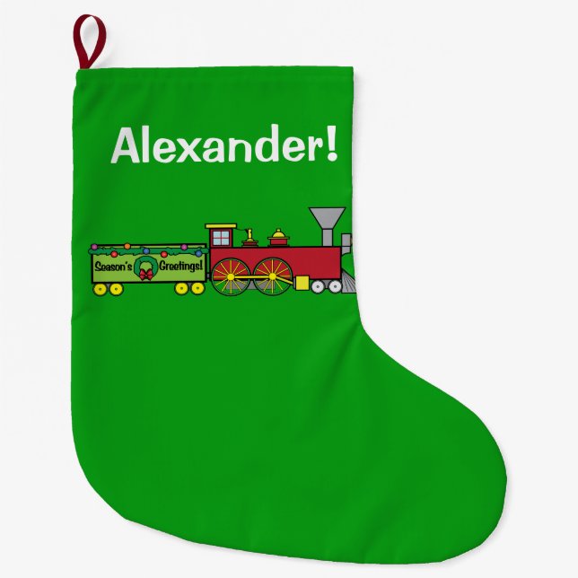 Christmas Train Greetings Name Customizable Large Christmas Stocking (Front)