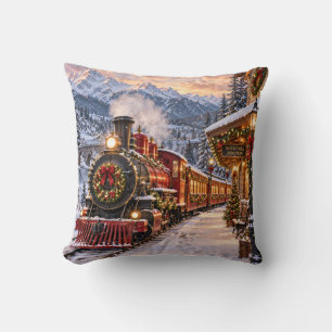 Christmas Train Mountain Landscape Throw Pillow