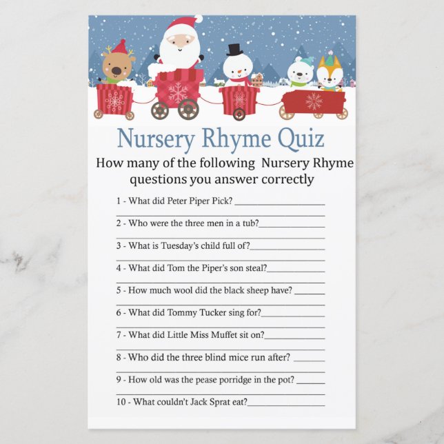Christmas train Nursery Rhyme Quiz baby shower gam (Front)