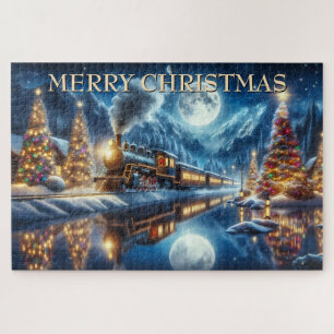 Christmas Train Reflected in Moonlit Lake Jigsaw Puzzle