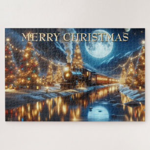 Christmas Train Reflected in Snowy River Village Jigsaw Puzzle