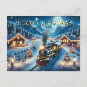 Christmas Train Through Snowy Village at Night Holiday Postcard