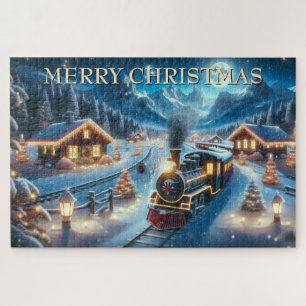 Christmas Train Through Snowy Village at Night Jigsaw Puzzle