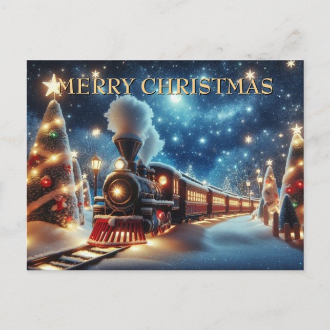 Christmas Train Under Moonlit Starry Sky Holiday Postcard (Front)