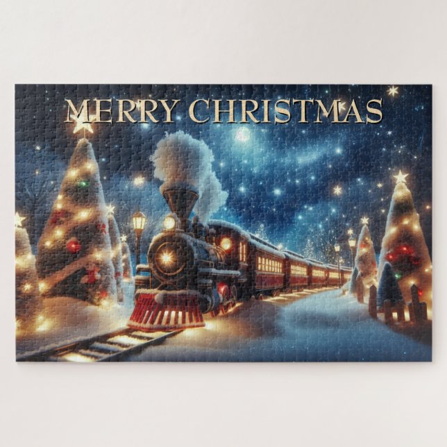 Christmas Train Under Moonlit Starry Sky Jigsaw Puzzle (Horizontal)