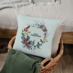 Christmas treat featuring bullfinch throw pillow