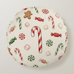 Christmas Treats and Candy Canes, Beige Background Round Pillow