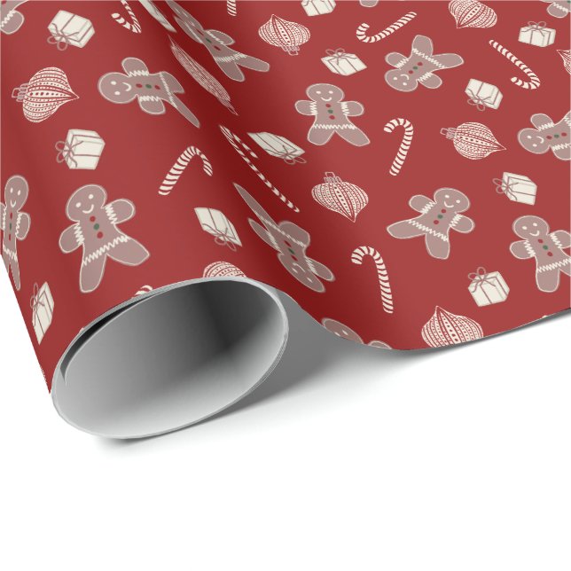 Christmas treats and joy on crimson - gingerbread  wrapping paper (Roll Corner)