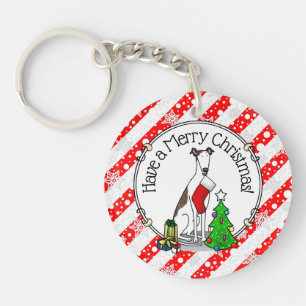 Christmas Tree 2 Greyhound (brindle white) Dog Fun Keychain