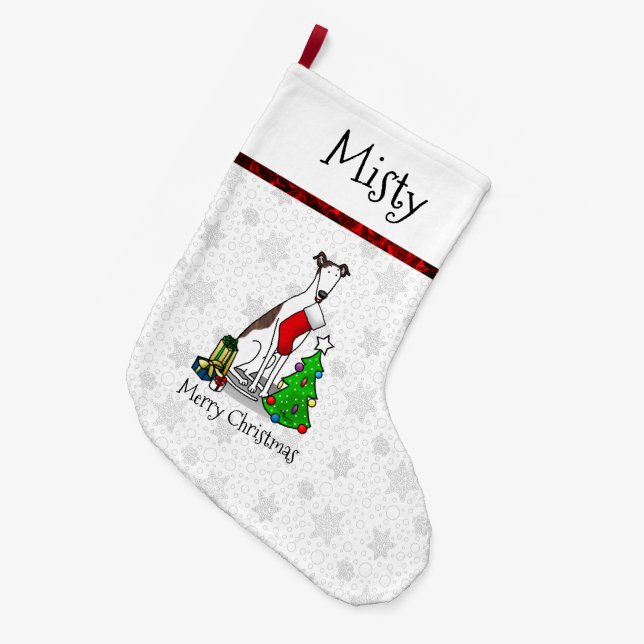 Christmas Tree 2 Greyhound (brindle white) Dog Fun Large Christmas Stocking (Front (Hanging))
