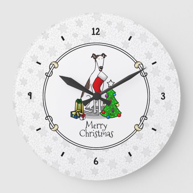 Christmas Tree 2 Greyhound (brindle white) Dog Fun Large Clock (Front)